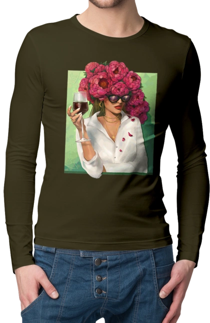 Девушка с пионами и бокалом