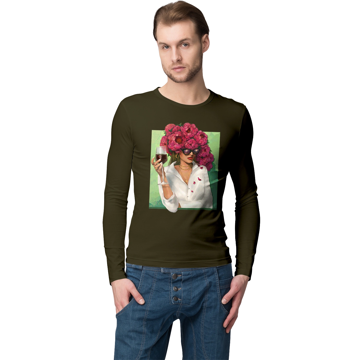 Девушка с пионами и бокалом