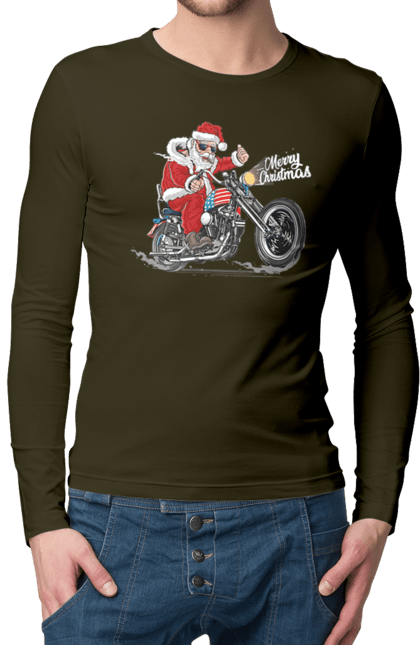 Чоловічий лонгслів з принтом "Санта в окулярах на мотоциклі". Байкер, дід мороз, зима, мотоцикл, новий рік, різдво, санта, санта клаус, сніг, щасливого різдва. 2070702