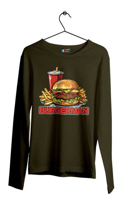 Чоловічий лонгслів з принтом "Burgerman". Бургер, для чоловіків, їжа, літні, макдональдс, прикольні, трендові, фаст фуд, чоловічі. 2070702