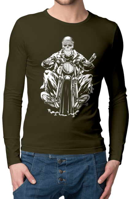 Men`s longsleeve with prints Skull on a motorcycle. Biker, motorcycle, skeleton, skull. 2070702