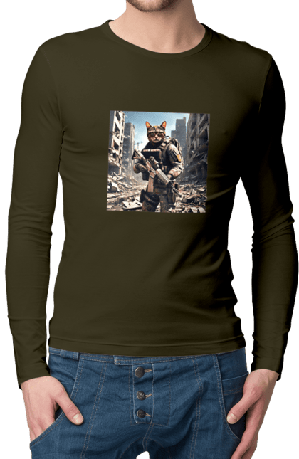 Чоловічий лонгслів з принтом "Кіт десантник". Бронежилет, війна, військовий, гвинтівка, захисник, камуфляж, кіт, рушниця. 2070702