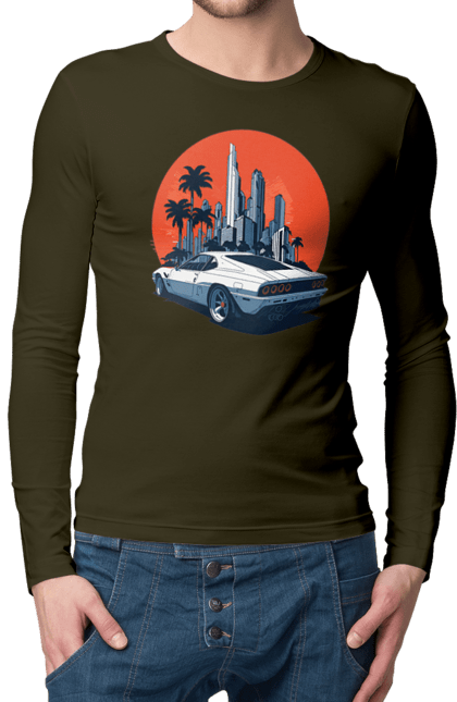 Чоловічий лонгслів з принтом "Авто". Гонка, захід сонця, спортивний автомобіль, швидкість. 2070702