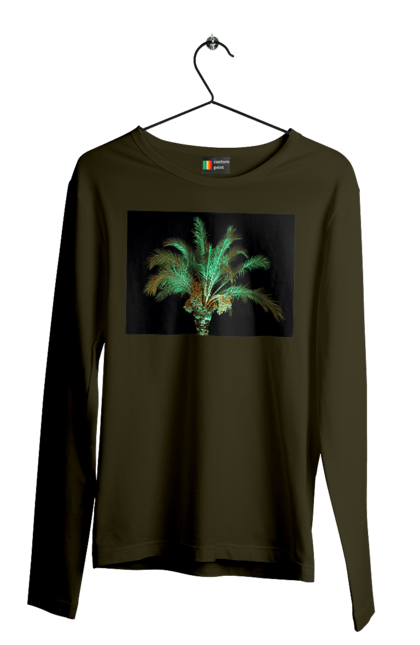 Men`s longsleeve with prints Date Palm At Night. Adventure, black, coast, date, green, island, night, oasis, ocean, palm, recreation, sea, sky, south, travel, tropics, vacation. 2070702