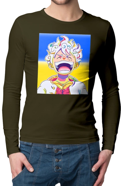 Monkey D Luffy laughing on a yellow blue background