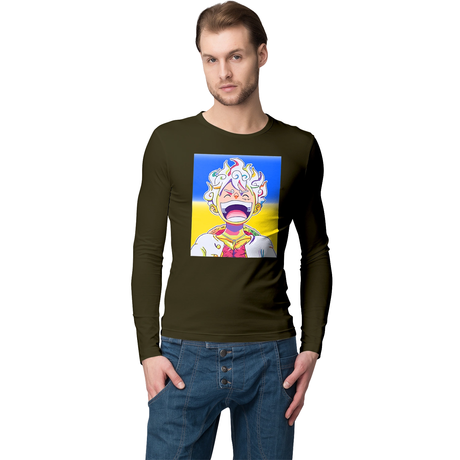 Monkey D Luffy laughing on a yellow blue background