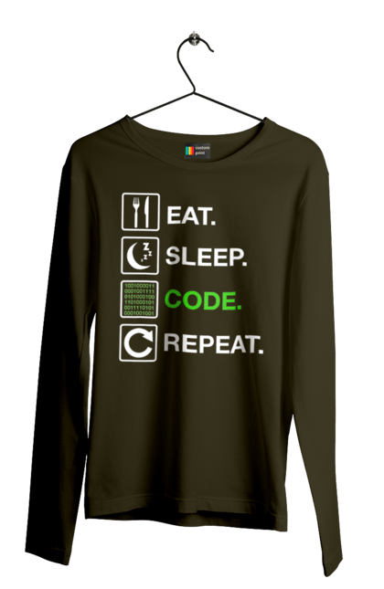 Чоловічий лонгслів з принтом "Їж Cпи Кодуй Повторюй". Айті, айтішник, для айтішника, для програміста, їж спи, кодуй повторюй, подарунок айтішнику, подарунок програмісту, програміст, розробник. 2070702