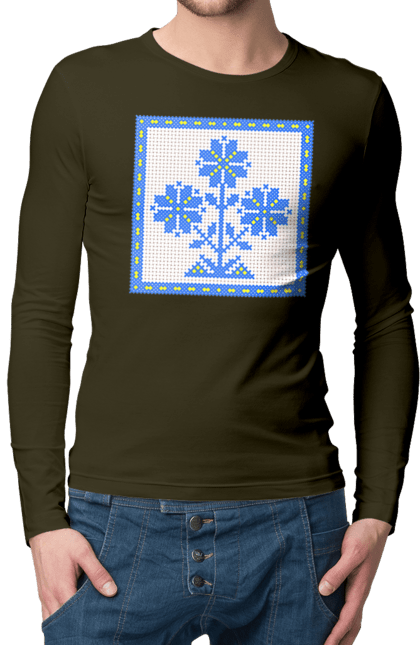 Чоловічий лонгслів з принтом "Жовто блакитна вишивка квіти". Вишивка, вишивка хрестиком, квіти, символ україни, традиції україни, україна. 2070702