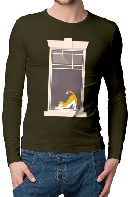 Чоловічий лонгслів з принтом "Кіт В Вікні". Вікно, кіт, потягушки, рудий. 2070702