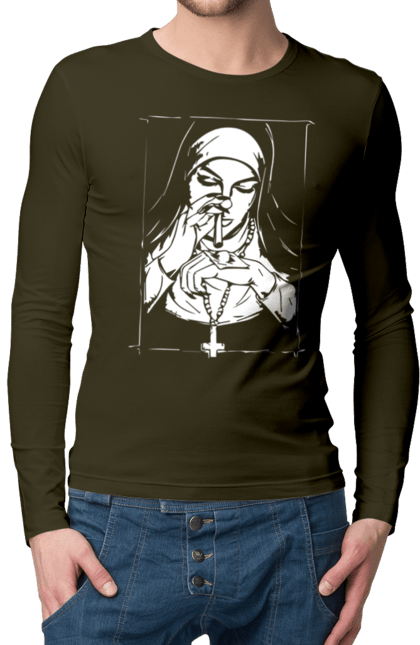 Чоловічий лонгслів з принтом "Монашка нюхає порошок". Крута, метал, модна, молодіжна, популярна, рок, хрест, черниця, черниця нюхає порошок. 2070702