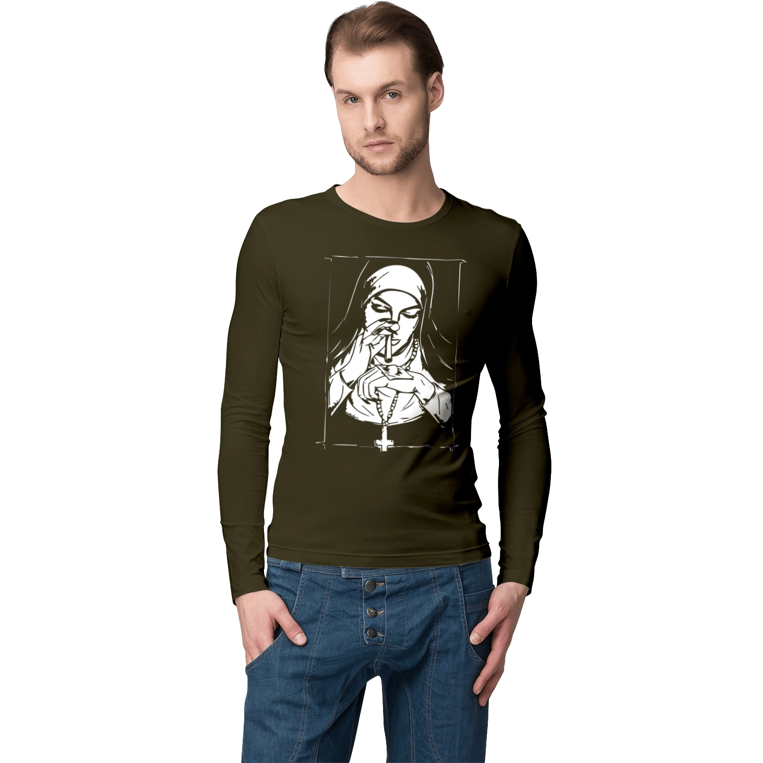 The nun sniffs the powder