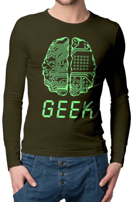 Чоловічий лонгслів з принтом "Гик Мозок Неоновий". Айті, айтішник, гик, друкована плата, зелений, знання, інженер, кібер, кібернетика, кіборг, код, комп, комп’ютерник, кристал, мікросхема, мозок, неон, неоновий, програміст, професіонал, професія, розробник, розум, світиться, світло, чіп. 2070702