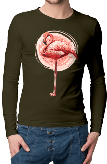 Мужской лонгслив с принтом Фламинго Арт. Животное, розовое фламинго, фламинго. 2070702