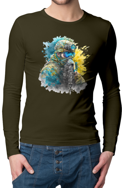 Чоловічий лонгслів з принтом "Снайпер ЗСУ". Армія, зсу, прапор україни, символи україни, снайпер, солдат, україна. 2070702