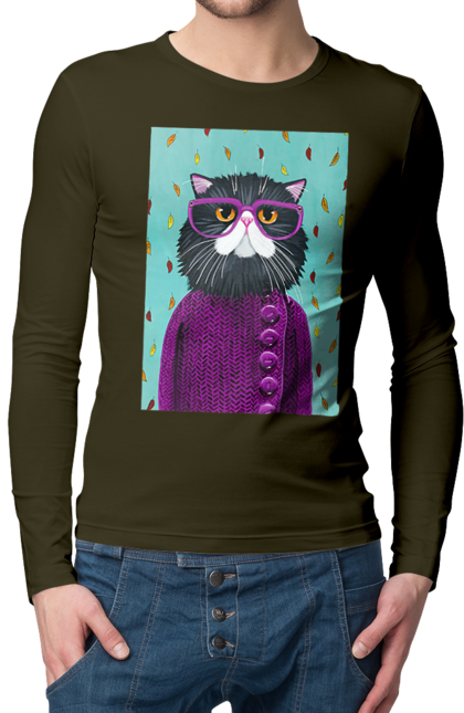 Чоловічій лонгслів з принтом "Кот в светрі і окулярах". Кіт, окуляри, осінь, светр, холод. CustomPrint.market