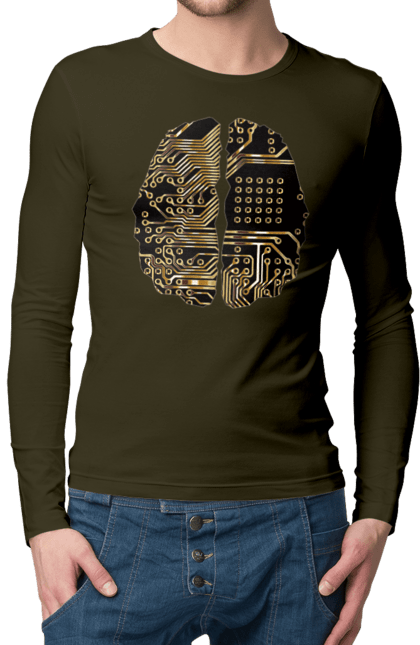 Чоловічий лонгслів з принтом "Мозок Айті". Айті, айтішник, гик, знання, золотий, золото, інженер, кібер, кібернетика, кіборг, код, комп, кристал, мікросхема, мозок, програміст, професіонал, професія, розробник, розум, чіп. 2070702