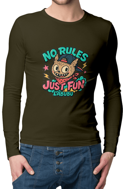 Чоловічий лонгслів з принтом "Лабубу". Norulesjustfun, y2k, бандана, вуличний стиль, грайливий, графіті, зухвалий, лабубу, ретромультяшка, яскраво. 2070702