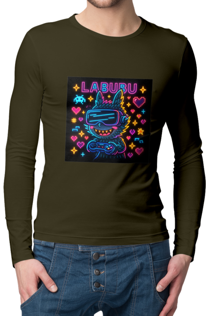 Чоловічий лонгслів з принтом "Лабубу". Vrочки, геймеркультура, геймпад, іконкиаркади, кіберарт, лабубу, неонгеймінг, піксельарт, ретроаркада, світиться. 2070702