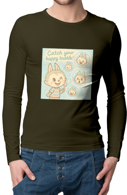 Чоловічий лонгслів з принтом "Лабубу". Бульбашки, грайливо, каваї, казково, лабубу, милаілюстрація, ніжнікольори, пастельнамистецтво, щасливі бульбашки. 2070702