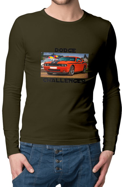 Чоловічий лонгслів з принтом "Додж челенджер". Авто, автомобіль, американська легенда, додж челенджер, класичне авто, культовий автомобіль, масл кар, потужний автомобіль. 2070702