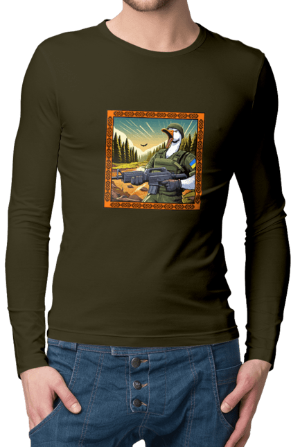 Чоловічий лонгслів з принтом "Гусячий десант". Біологічна зброя, бойові гуси, військовий гусак, гусячий десант, зброєні сили, прапор, символіка, україна. 2070702