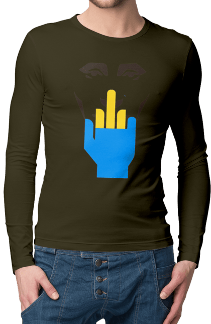 Чоловічий лонгслів з принтом "Путін Хуйло". Все, голова путіна, доброго вечора, йди нахуй, мертвий москаль, москалі, орки, путін хуйло, російський військовий, середній палець. 2070702