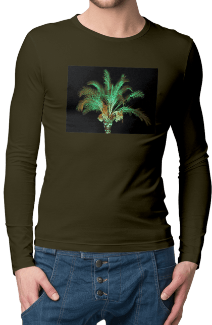 Men`s longsleeve with prints Date Palm At Night. Adventure, black, coast, date, green, island, night, oasis, ocean, palm, recreation, sea, sky, south, travel, tropics, vacation. 2070702