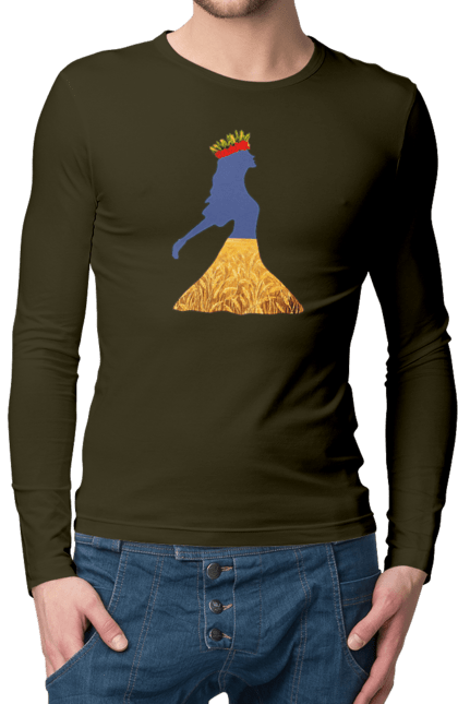 Men`s longsleeve with prints Ukraine. Girl, national colors, poppies, sky, wheat field, wreath, yellow blue. 2070702