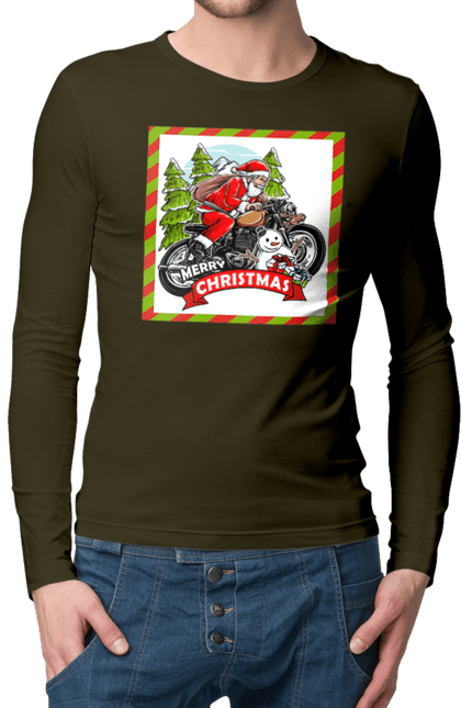 Men`s longsleeve with prints Santa on a motorcycle. Christmas, motorcycle, new year, presents, santa, snowman, tree. 2070702