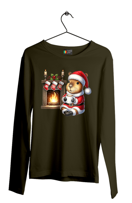 Men's longsleeve with prints Capybara by the fireplace with hot chocolate. Animal, capybara, christmas, christmas capybara, fireplace, gift, holiday, hot chocolate, new year, santa. 2070702