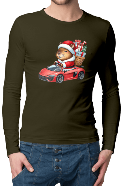 Men's longsleeve with prints Christmas Capybara with a Gift. Animal, capybara, car, christmas, christmas capybara, gift, holiday, new year, new year`s gift, santa. 2070702