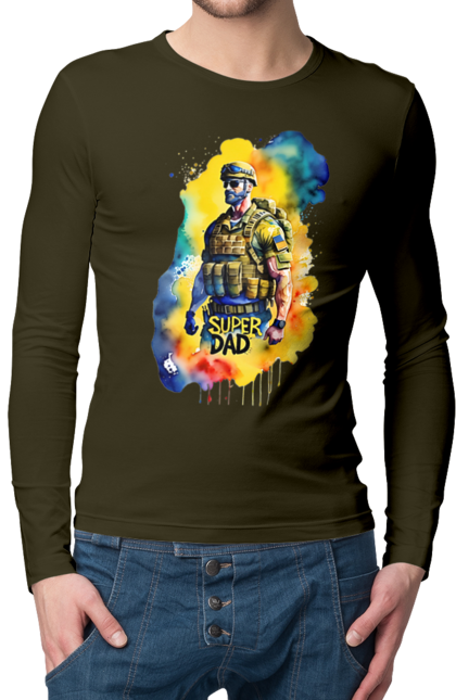 Чоловічий лонгслів з принтом "Супер тато ЗСУ". День батька, день тата, зсу, люблю тата, супер, супер тато, супер тато зсу, тато, тато зсу, україна. 2070702
