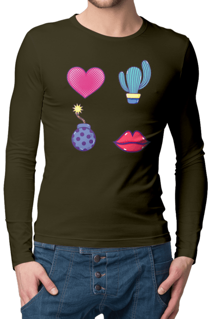 Чоловічий лонгслів з принтом "Серце, Кактус, Бомба, Губи". Бомба, губи, кактус, серце. 2070702