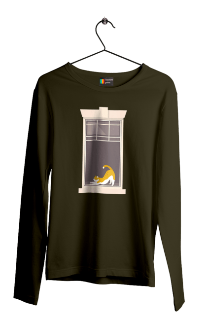 Чоловічий лонгслів з принтом "Кіт В Вікні". Вікно, кіт, потягушки, рудий. 2070702