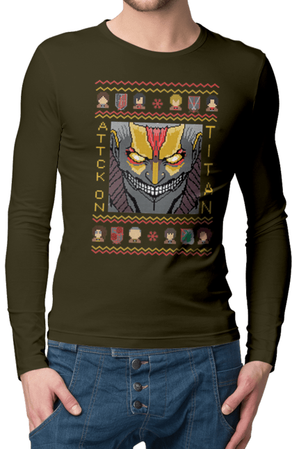 Мужской лонгслив с принтом Ugly Sweater Attack On Titan2. Аниме, атака титанов, боевик, бронированный гигант, драма, манга, постапокалиптика, райнер, райнер браун, рождество. 2070702