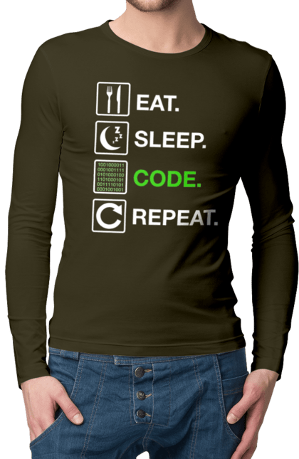 Чоловічий лонгслів з принтом "Їж Cпи Кодуй Повторюй". Айті, айтішник, для айтішника, для програміста, їж спи, кодуй повторюй, подарунок айтішнику, подарунок програмісту, програміст, розробник. 2070702