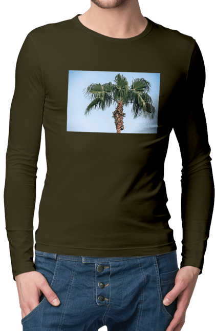 Чоловічий лонгслів з принтом "Пальма на тлі неба". Берег, блакитне, відпочинок, відпустку, єгипет, зелений, зелені, лист, листя, море, небо, оазис, океан, острів, пальма, південь, подорож, пригоди, тропіки, туреччина. 2070702