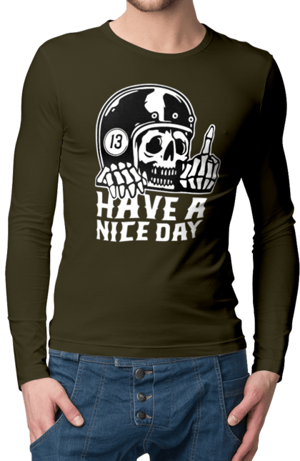 Чоловічий лонгслів з принтом "Гарного дня". Байкерська, гарного дня, з черепом, тринадцять, фак, череп. 2070702