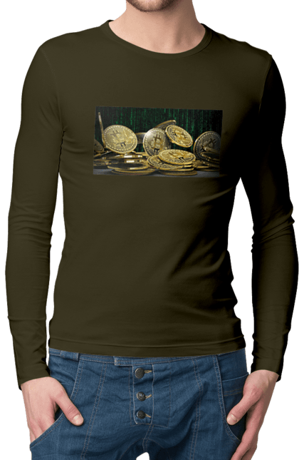 Чоловічий лонгслів з принтом "Біткойн". Багатство, біткойн, валюта, гроші, криптовалюта, курс, майнінг, матриця, монета, розкіш, цифровий світ. 2070702