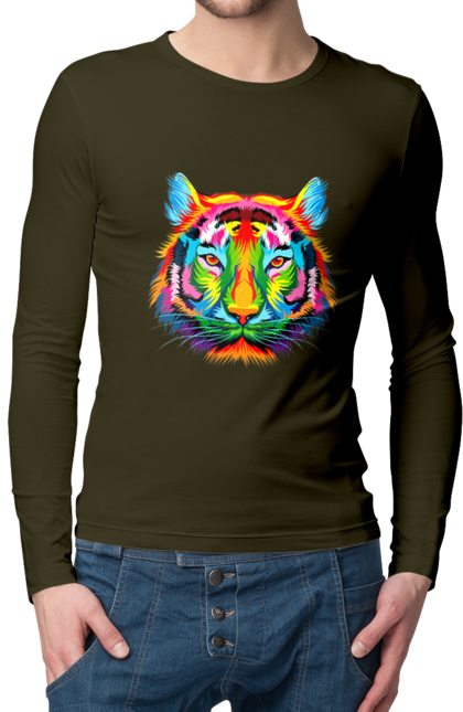 Чоловічій лонгслів з принтом "Барвистий тигр". Барвистий, барвистий тигр, жовтий, зелений, кольоровий, кольоровий принт, купити футболку, синій, тигр, червоний. CustomPrint.market