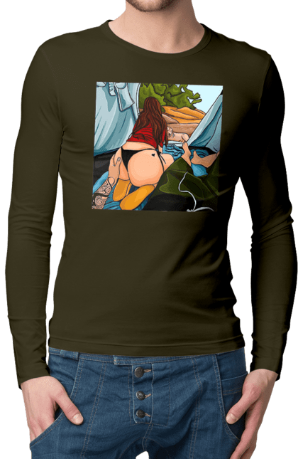 Чоловічий лонгслів з принтом "Відпочинок З Улюбленою У Палатці". Відпочинок, жопа, палатка, собака. 2070702