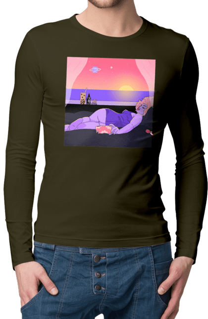 Чоловічий лонгслів з принтом "Фіолетова Дівчина На Відпочинку". Дівчина, захід, телефон. 2070702