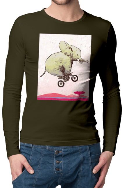 Men`s longsleeve with prints Elephant On A Motorcycle. Elephant, flight, motorcycle. 2070702