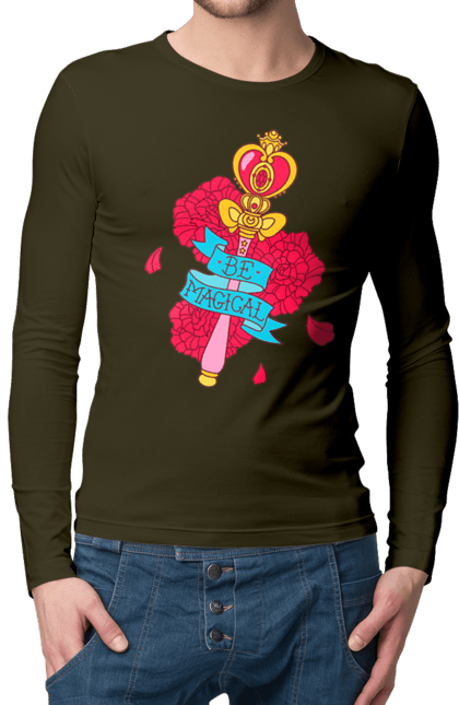 Men's longsleeve with prints Be Magical. Anime, charm, flowers, magic, rose flower, sailor moon, tv series, wand. 2070702