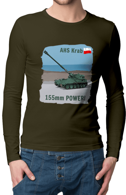 Чоловічий лонгслів з принтом "155mm Power! САУ Krab оливковий". Ahs krab, артилерія, гаубиця, краб, польща, сау. 2070702