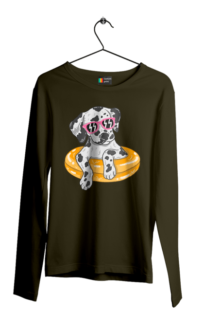 Чоловічий лонгслів з принтом "Далматинець Плаває У Колі". Далматинець, окуляри, плавати, собака. 2070702