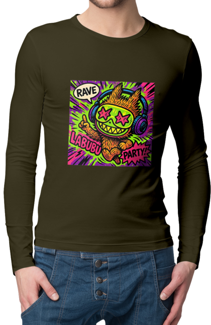 Чоловічий лонгслів з принтом "Лабубу". Вечірка, вуличне мистецтво, графіті, зоряніочі, коміксстиль, лабубу, навушники, неон, попарт, рейв. 2070702