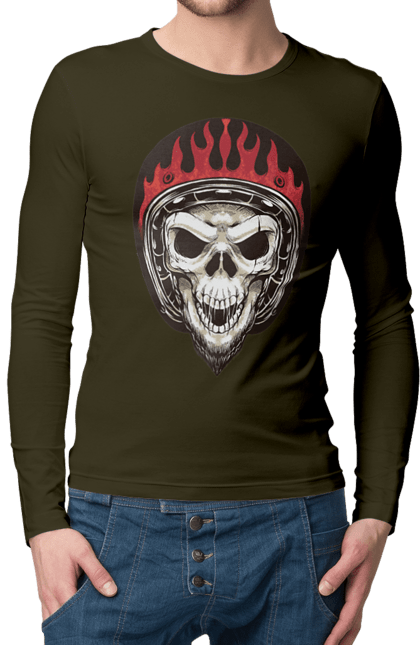 Men`s longsleeve with prints Skull in a motorcycle helmet. Helmet, moto, skeleton, skull. 2070702