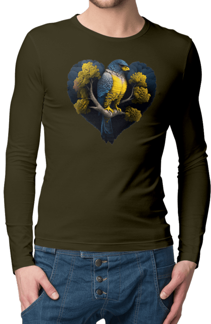 Men`s longsleeve with prints Blue and yellow falcon. Falcon, flag of ukraine, heart, symbol of ukraine, tree, ukraine. 2070702