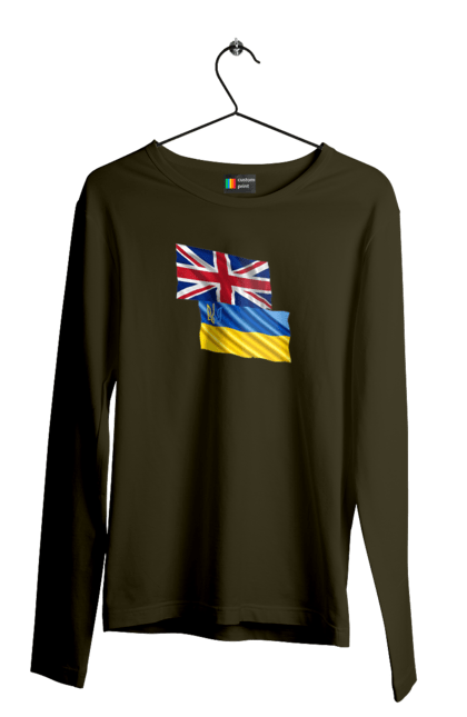 Чоловічий лонгслів з принтом "Прапор Великої Британії, прапор України, Підтримка України". Британія, велика британія, війна, киев, мир, національні кольори, прапор, прапор британії, прапор великої британії. 2070702